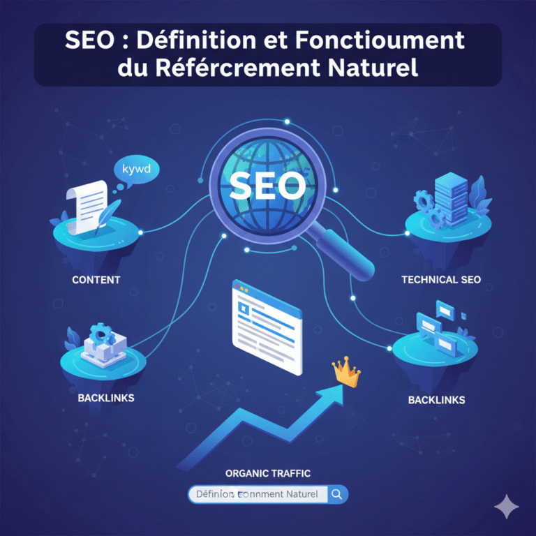 Infographie sur le SEO : Définition et fonctionnement du référencement naturel, illustrant les piliers (Contenu, SEO Technique, Backlinks) menant au trafic organique.