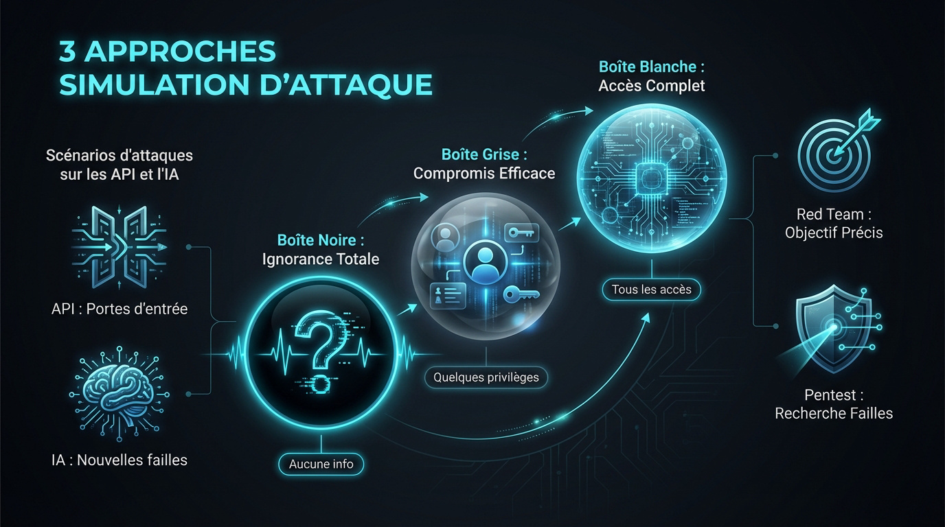 Schéma des trois approches de pentesting pour la sécurité informatique
