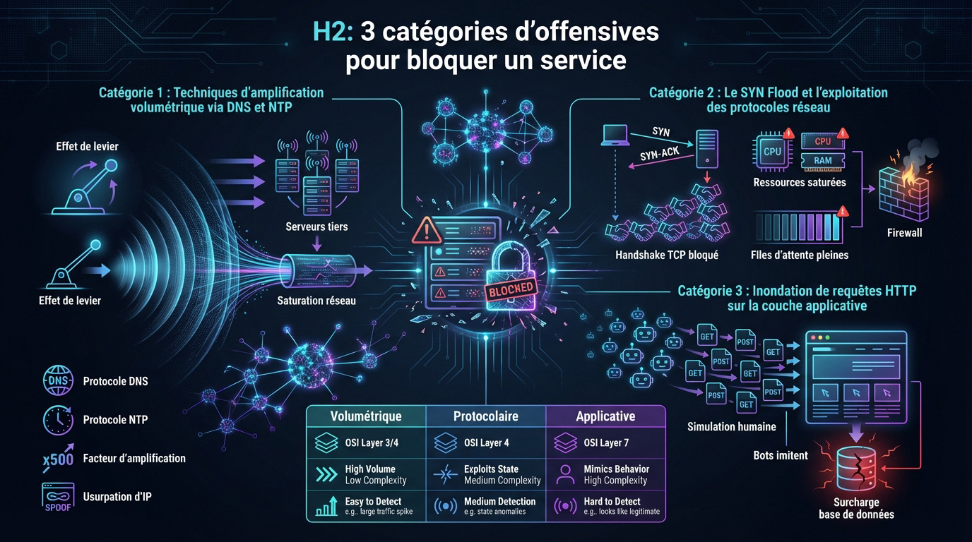 Schéma explicatif des catégories d'attaques DDoS pour bloquer un service web
