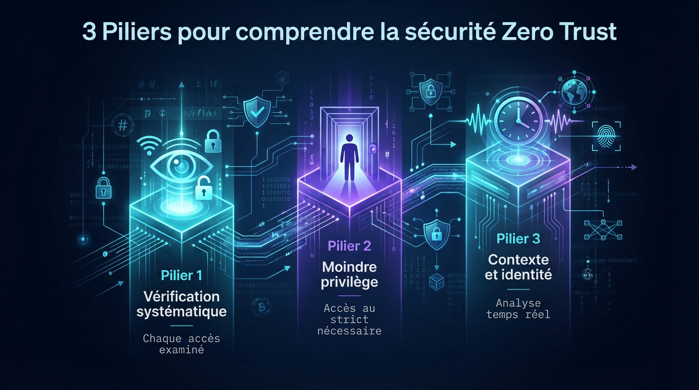 Schéma des trois piliers fondamentaux de l'architecture Zero Trust