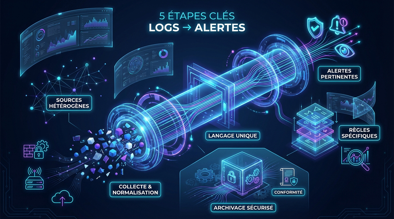 Schéma des étapes de transformation des logs en alertes de sécurité