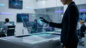 Une femme en costume interagit avec un écran holographique de cybersécurité affichant des cadenas et un bouclier, dans une salle high-tech.