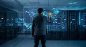 Homme interagissant avec un écran holographique affichant une carte réseau mondiale dans un centre de données sécurisé.