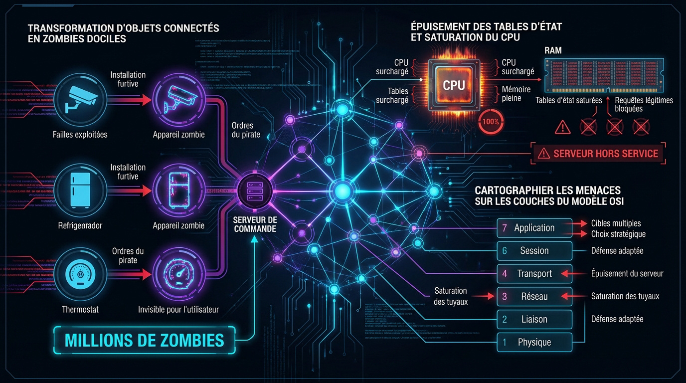 Schéma technique d'un botnet IoT orchestrant une attaque DDoS