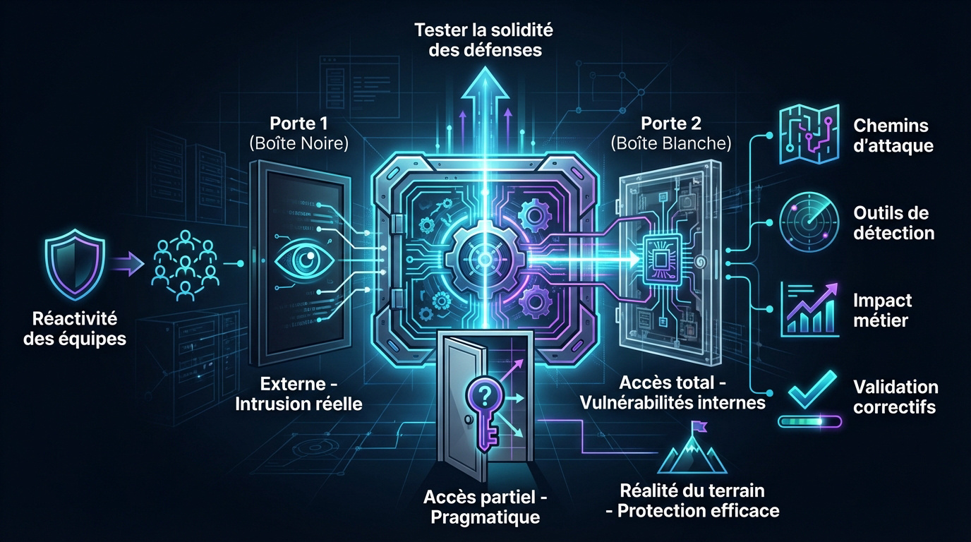 Schéma des trois approches d'audit de sécurité informatique : boîte noire, grise et blanche