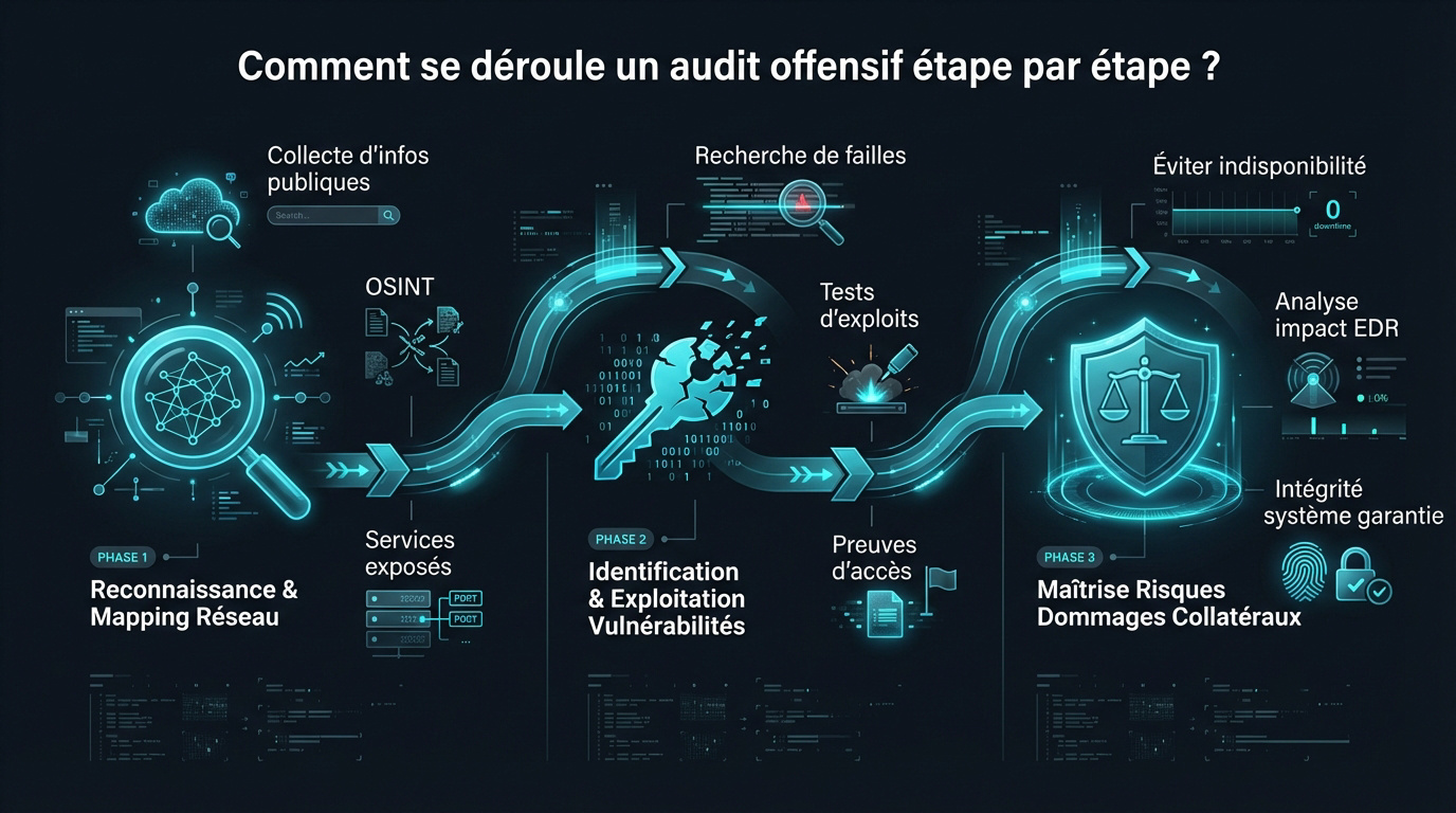 Infographie présentant les trois phases clés d'un audit offensif de cybersécurité