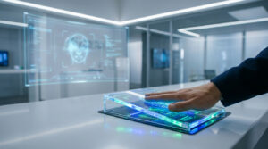 Une main scanne sur un appareil lumineux. Un écran holographique affiche une reconnaissance faciale dans un bureau moderne.