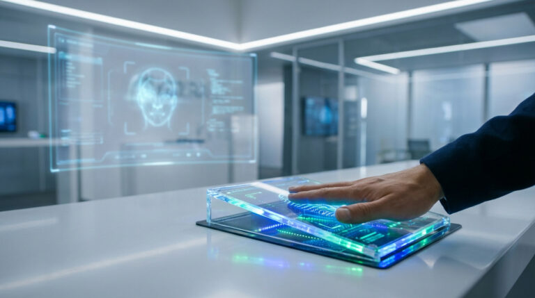 Une main scanne sur un appareil lumineux. Un écran holographique affiche une reconnaissance faciale dans un bureau moderne.