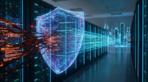 Bouclier numérique lumineux dans un datacenter, repoussant des câbles de code malveillant. Une ville futuriste en fond.