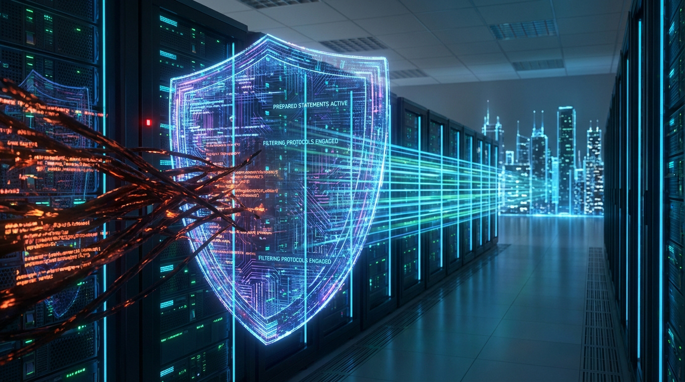 Bouclier numérique lumineux dans un datacenter, repoussant des câbles de code malveillant. Une ville futuriste en fond.