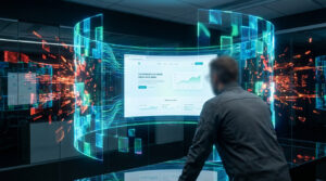 Homme face à un écran holographique affichant un site web avec des données. Des éléments numériques bleus et rouges suggèrent sécurité et menace.