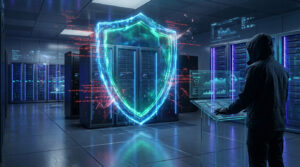 Bouclier numérique protégeant des serveurs dans un data center. Un expert manipule une interface holographique de cybersécurité.