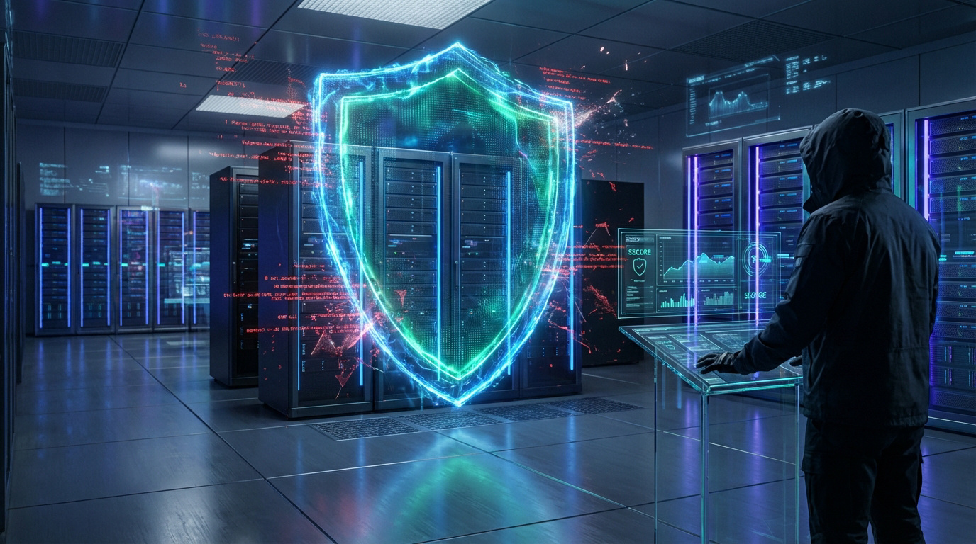 Bouclier numérique protégeant des serveurs dans un data center. Un expert manipule une interface holographique de cybersécurité.