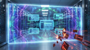 Bouclier numérique dans un data center. Un écran lumineux de pare-feu applicatif repousse des fragments de données en feu, symbolisant une cyberattaque.