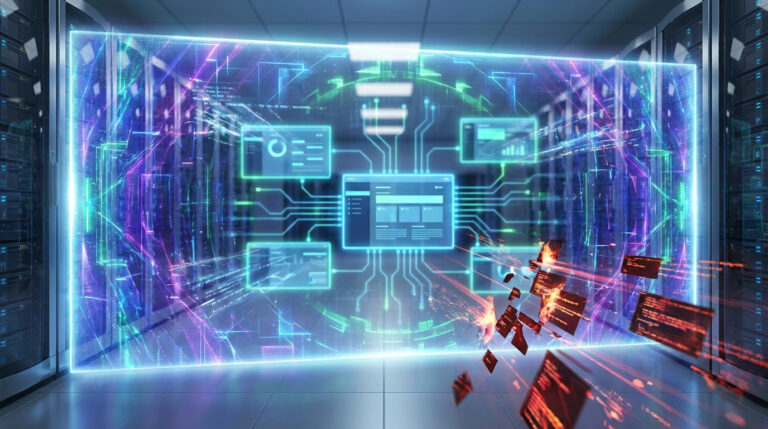 Bouclier numérique dans un data center. Un écran lumineux de pare-feu applicatif repousse des fragments de données en feu, symbolisant une cyberattaque.