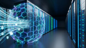 Vue d'un datacenter moderne avec une sphère réseau lumineuse et des icônes de bouclier, symbolisant la cybersécurité et la gestion des correctifs.