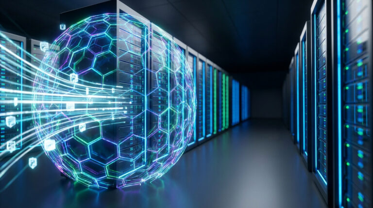 Vue d'un datacenter moderne avec une sphère réseau lumineuse et des icônes de bouclier, symbolisant la cybersécurité et la gestion des correctifs.