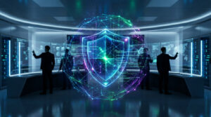 Salle de contrôle futuriste. Un bouclier de cybersécurité lumineux au centre, entouré d'un réseau mondial. Des opérateurs gèrent des données sur écrans tactiles.