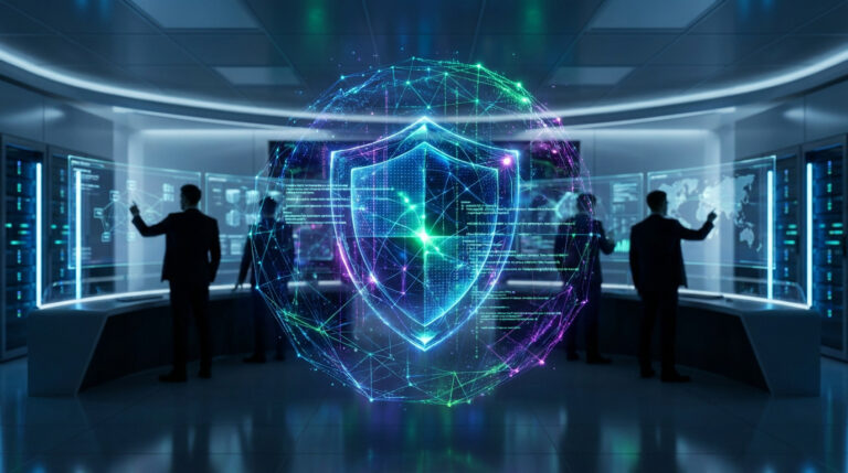 Salle de contrôle futuriste. Un bouclier de cybersécurité lumineux au centre, entouré d'un réseau mondial. Des opérateurs gèrent des données sur écrans tactiles.