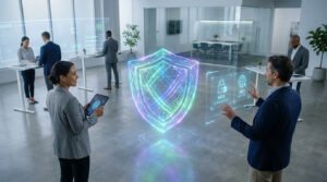 Professionnels interagissant avec des affichages holographiques de cybersécurité, incluant un bouclier et données IAM.