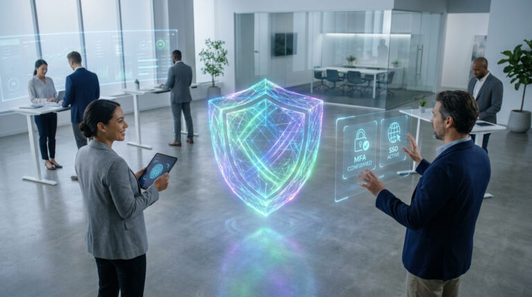 Professionnels interagissant avec des affichages holographiques de cybersécurité, incluant un bouclier et données IAM.