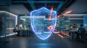 Un bouclier numérique bleu repousse une cyberattaque dans un bureau moderne avec des employés et des interfaces d'IA.