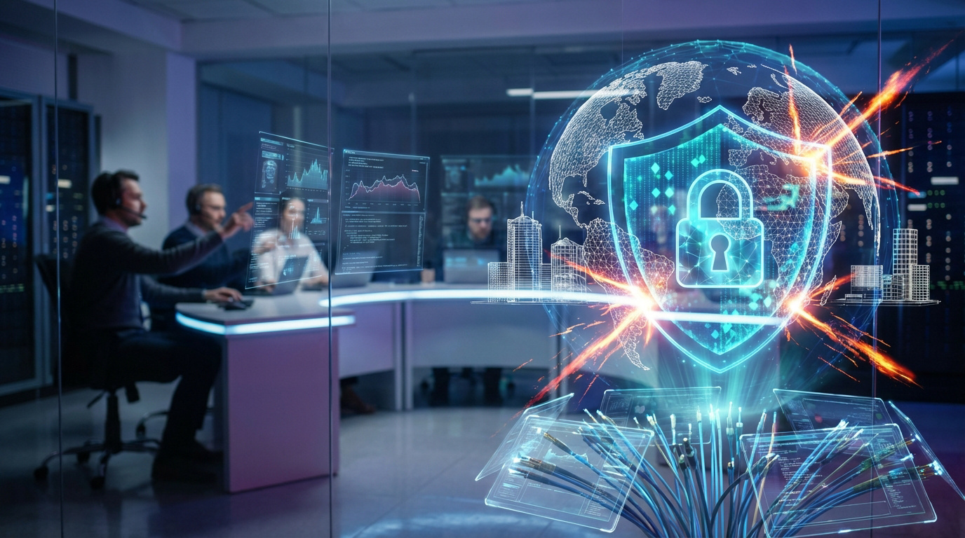 Une équipe de cybersécurité surveille des écrans holographiques, un bouclier protégeant un globe contre des cybermenaces.