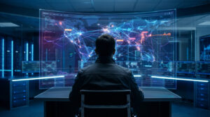 Vue de dos d'un analyste devant un écran holographique affichant une carte mondiale de cybermenaces et connexions dans un centre high-tech.