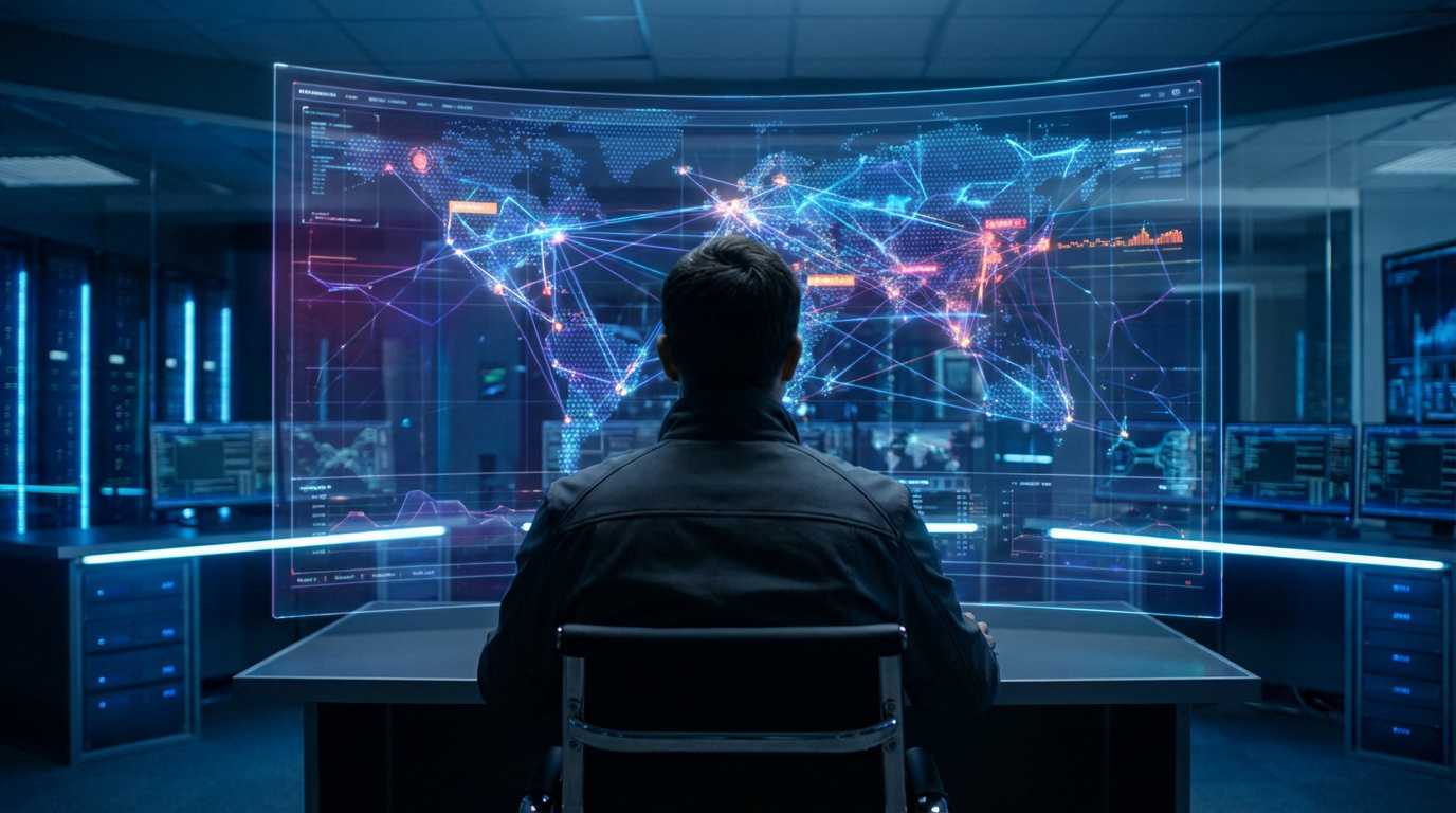 Vue de dos d'un analyste devant un écran holographique affichant une carte mondiale de cybermenaces et connexions dans un centre high-tech.
