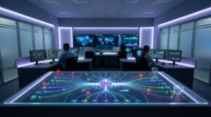 Vue d'une salle de contrôle SIEM futuriste : techniciens devant écrans, table holographique d'analyse de données et sécurité.