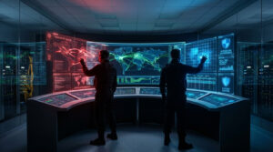 Deux opérateurs devant des écrans de cybersécurité en salle de contrôle. L'un gère une attaque (rouge), l'autre la défense (bleu).