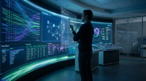 Un homme gère des opérations de cybersécurité sur des écrans holographiques interactifs, affichant des données et menaces.