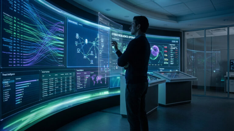 Un homme gère des opérations de cybersécurité sur des écrans holographiques interactifs, affichant des données et menaces.