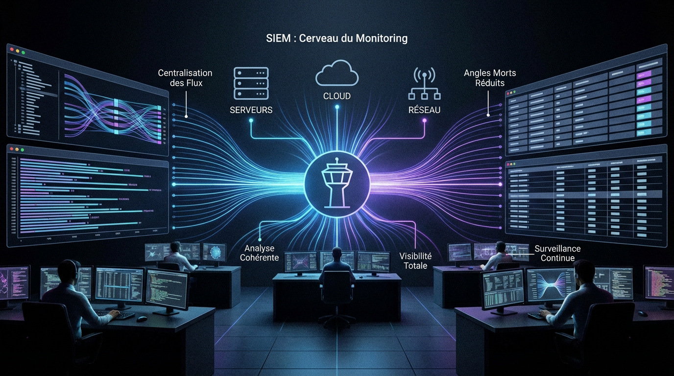 Centre d'opérations de sécurité moderne avec écrans de monitoring et intelligence artificielle
