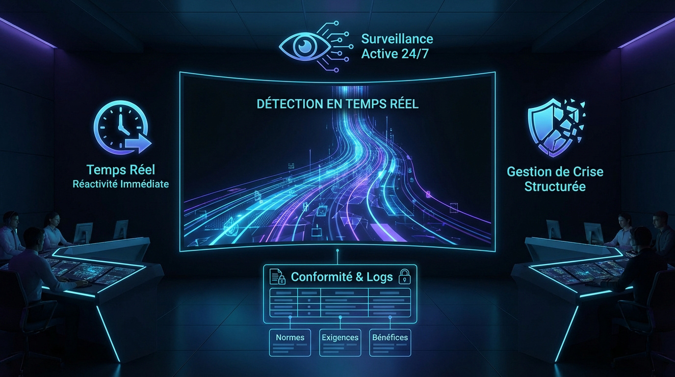 Centre d'opérations de sécurité futuriste avec analystes et écrans de contrôle