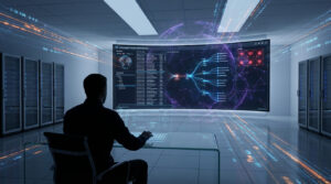 Analyste sécurité de dos devant un grand écran SIEM affichant des données réseau complexes et des alertes dans un centre de données, avec flux numériques.