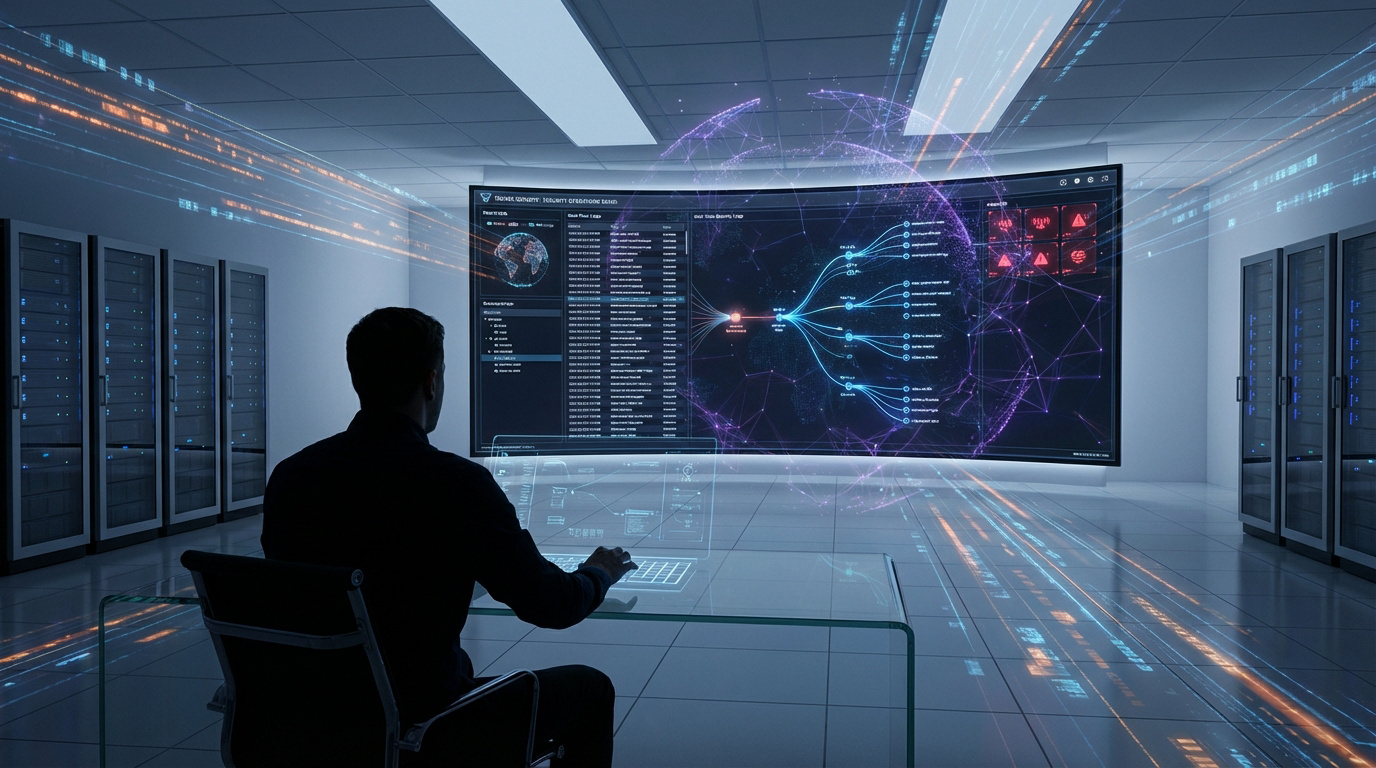 Analyste sécurité de dos devant un grand écran SIEM affichant des données réseau complexes et des alertes dans un centre de données, avec flux numériques.