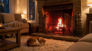 Salon confortable avec cheminée allumée et pare-feu, un chat roux endormi sur un tapis shaggy. Lumière chaude.