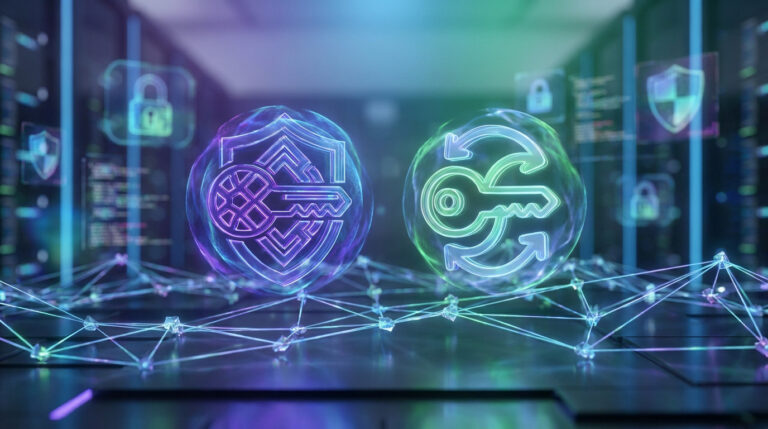 Deux icônes lumineuses : clé et bouclier violet, clé et flèches vertes. Représente clés privée et publique en cryptographie asymétrique.