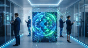 Professionnels gérant la sécurité des données dans un datacenter, avec interfaces holographiques de protection et réseau cyber.