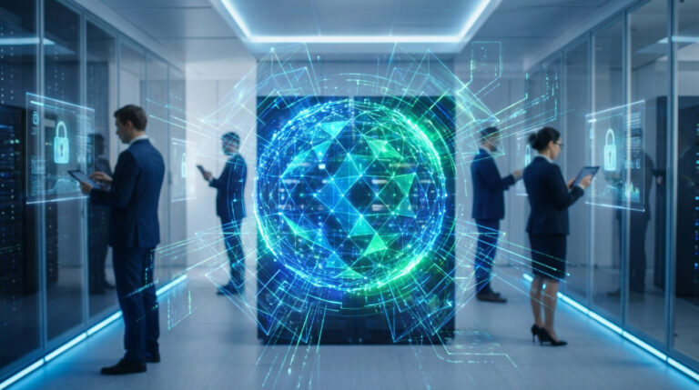 Professionnels gérant la sécurité des données dans un datacenter, avec interfaces holographiques de protection et réseau cyber.