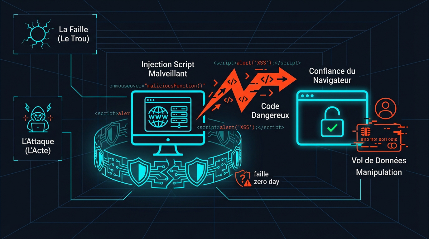Schéma explicatif d'une injection de script malveillant XSS et vol de données utilisateur