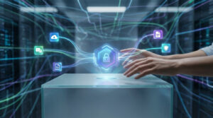 Mains interagissant avec un cadenas central reliant icônes d'applications. Représente l'authentification unique (SSO) et l'accès sécurisé aux services numériques.