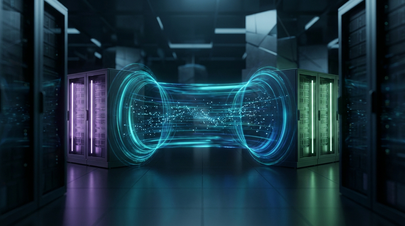 Deux racks de serveurs lumineux reliés par un tunnel d'énergie et de points bleus, illustrant une connexion réseau sécurisée.