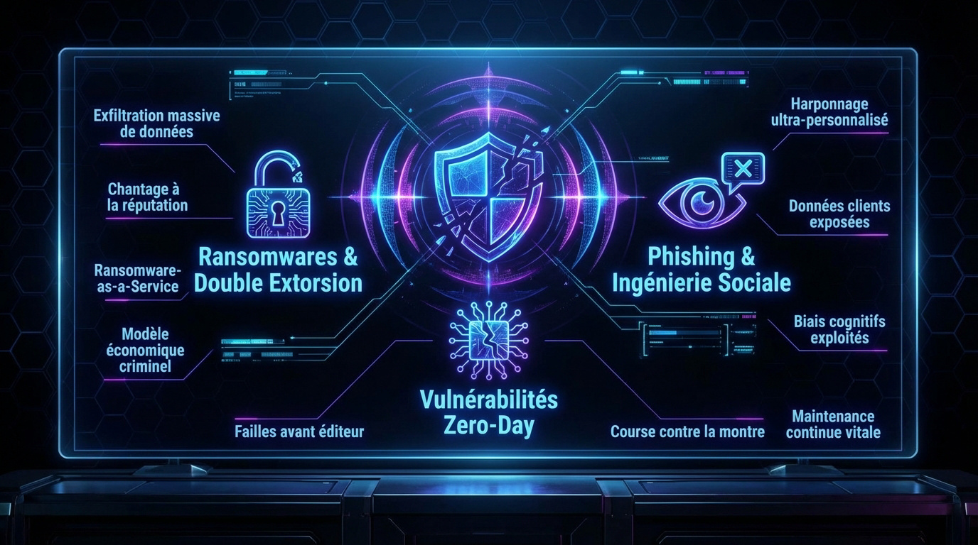 Vue d'ensemble d'un centre de commandement surveillant les menaces informatiques actuelles