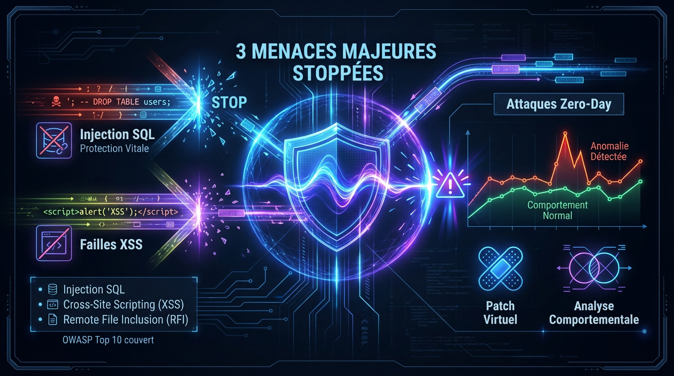 Illustration d'un pare-feu applicatif protégeant un serveur contre des cyberattaques
