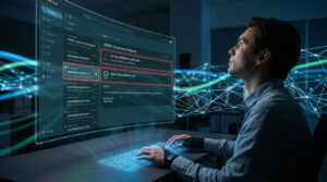 Homme devant un écran holographique d'emails, distinguant le phishing (rouge) des messages sécurisés (vert), dans un décor high-tech.