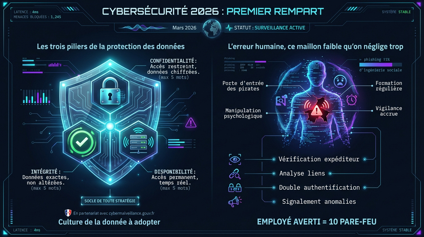 Schéma des piliers de la cybersécurité et de la vigilance humaine