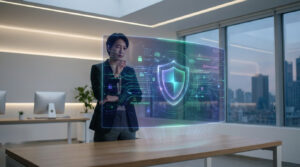 Une femme regarde un écran holographique affichant un bouclier et des icônes de cyberprotection dans un bureau moderne et futuriste.