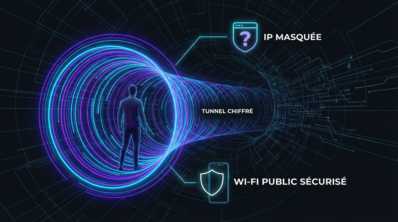 Représentation technologique d'un tunnel de données chiffré pour la sécurité en ligne